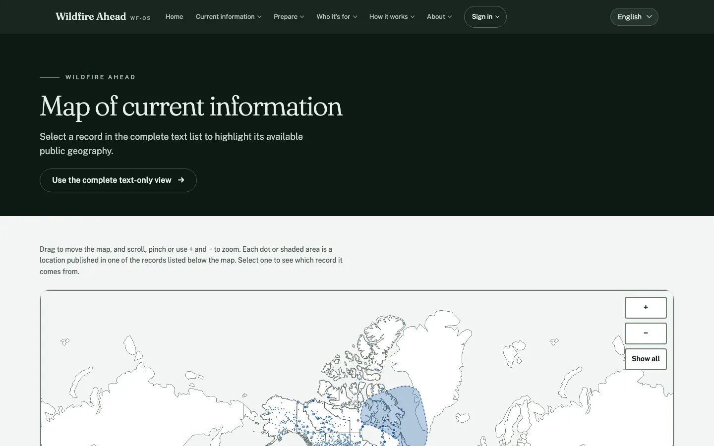 The Wildfire Ahead map of current information, showing published locations across Canada and the United States, with zoom controls and a link to the text-only view.